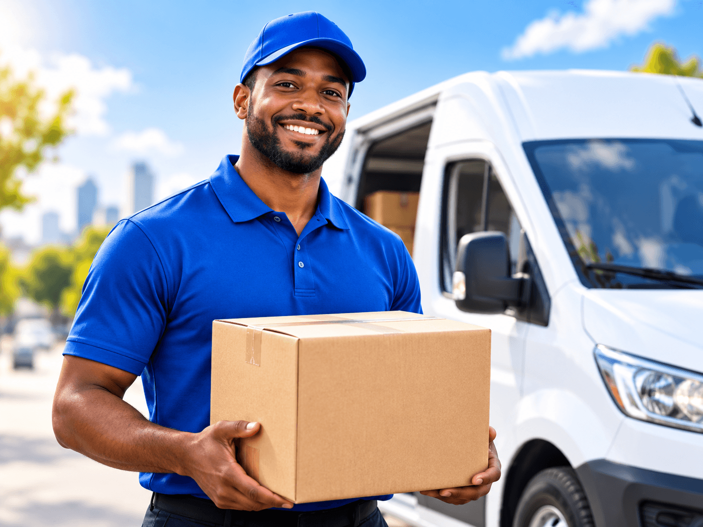 TriWave courier holding a package beside a delivery van